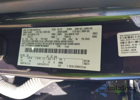 2021 Ford F-150 Lariat z USA, uszkodzony, nr VIN 1FTEW1C58MFB36087